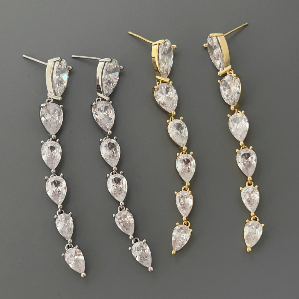 Pave teardrop long earrings