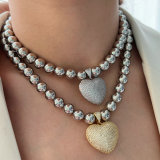 12mm ball necklace with pave zircon heart pendant