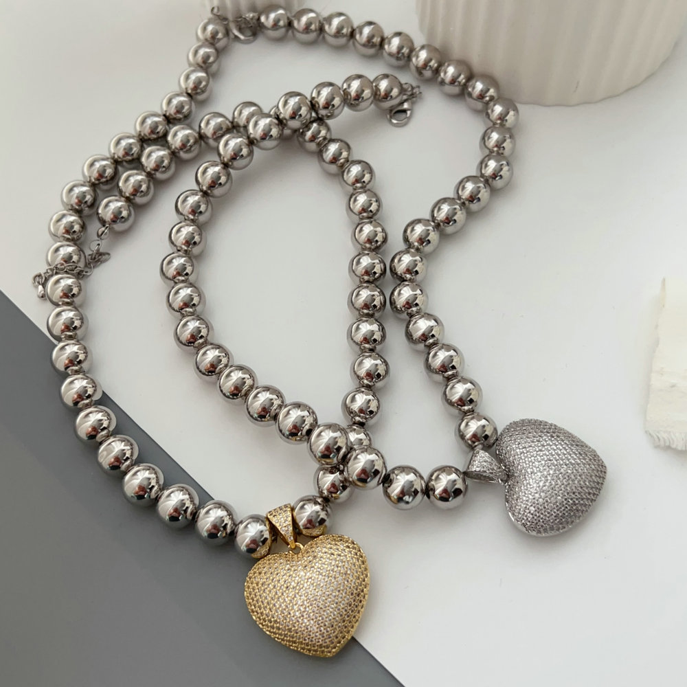 12mm ball necklace with pave zircon heart pendant