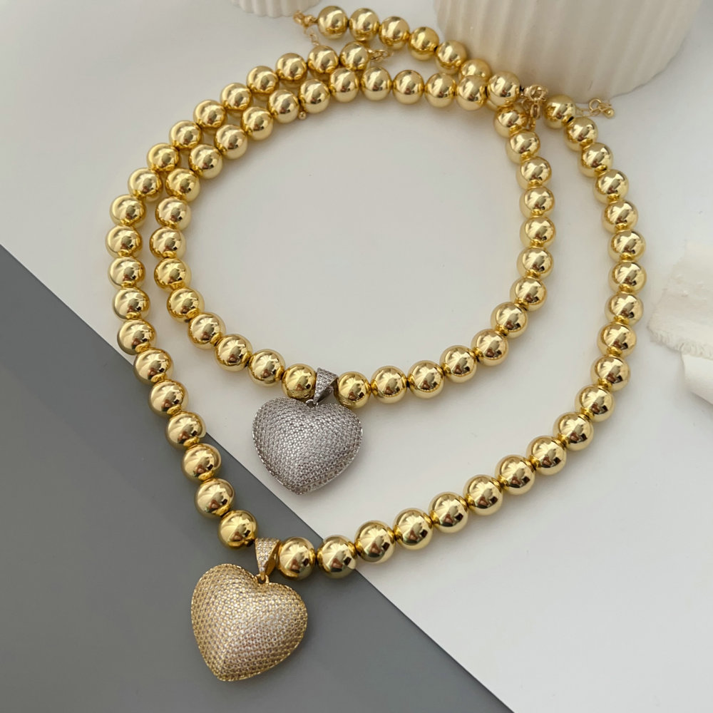 12mm ball necklace with pave zircon heart pendant