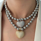 12mm ball necklace with pave zircon heart pendant