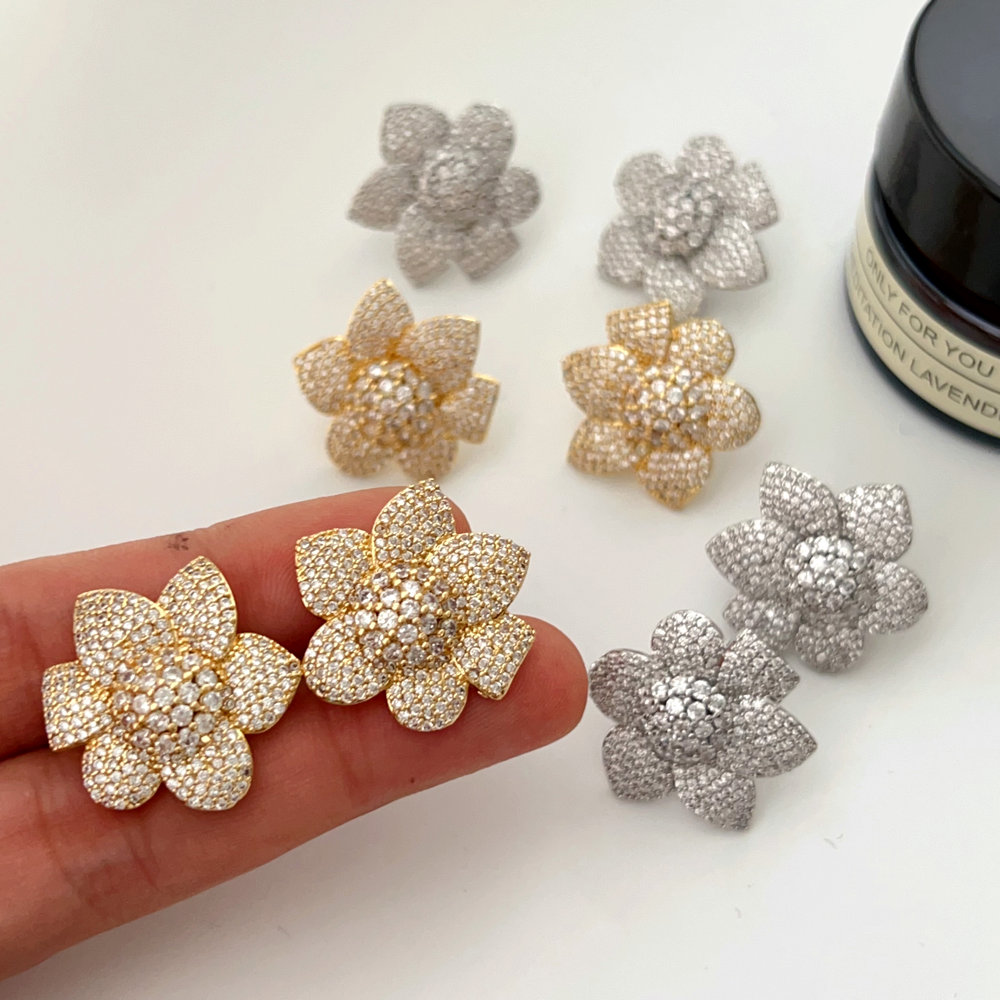 Pave zircon flower earrings