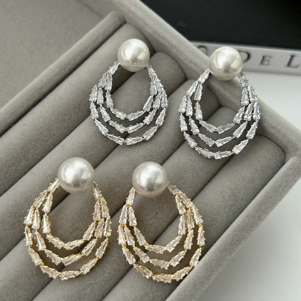 Pave pearl circle earrings