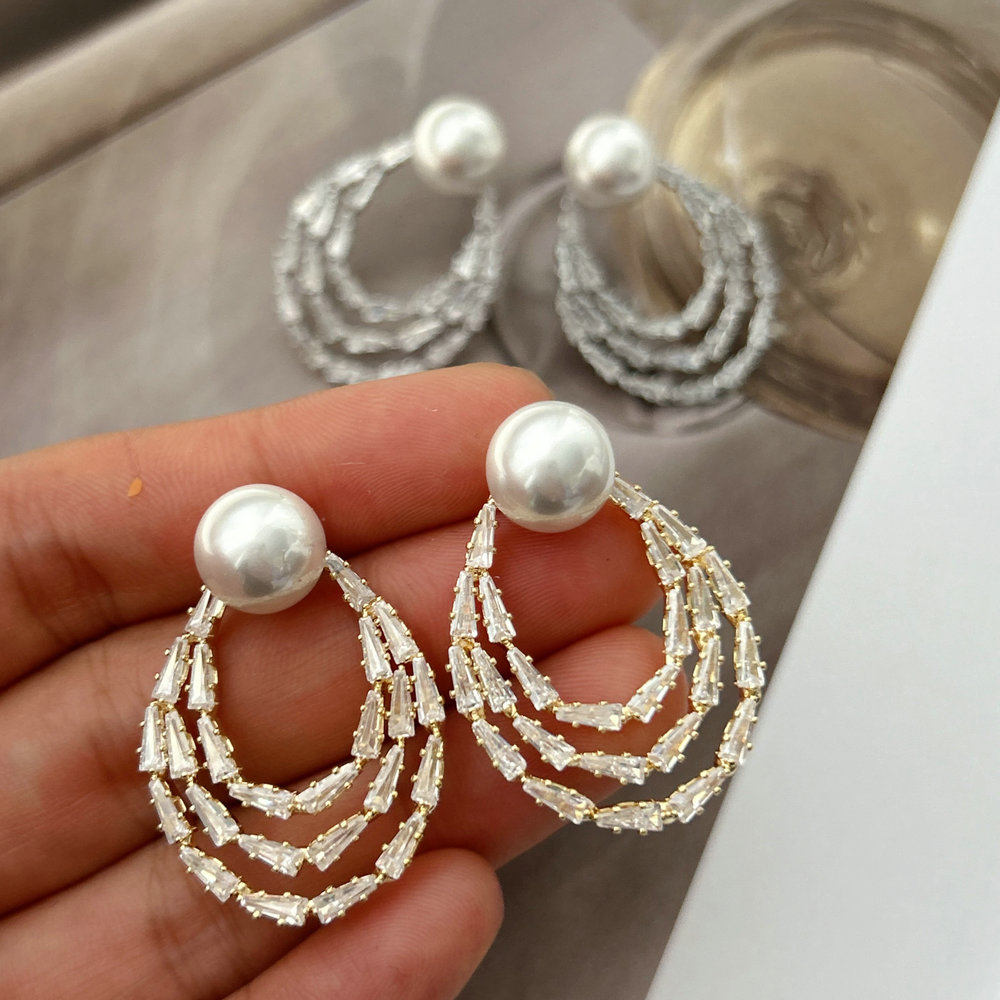 Pave pearl circle earrings