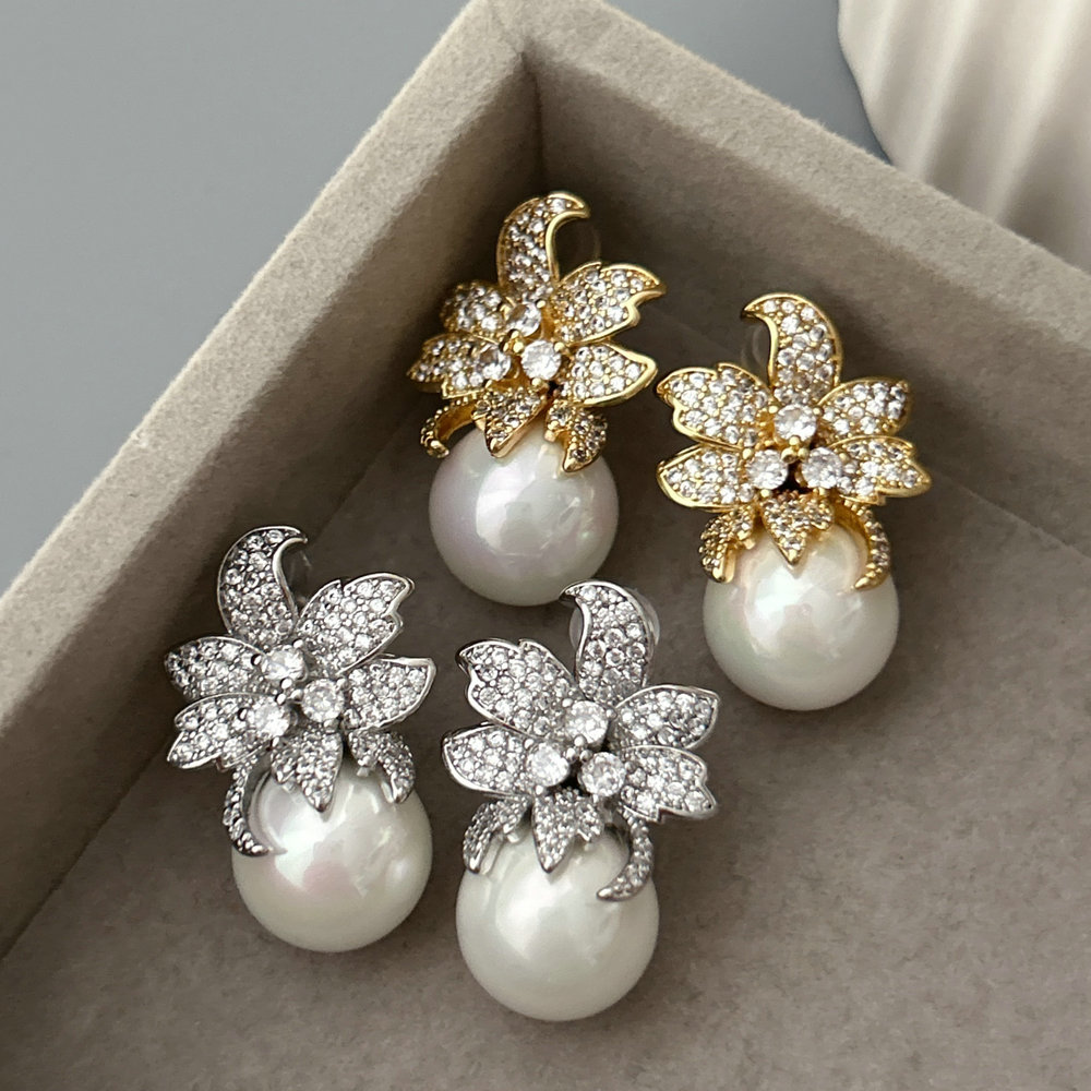 Pave zircon flower earrrings
