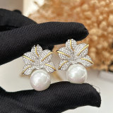 Pave flower pearl earrings