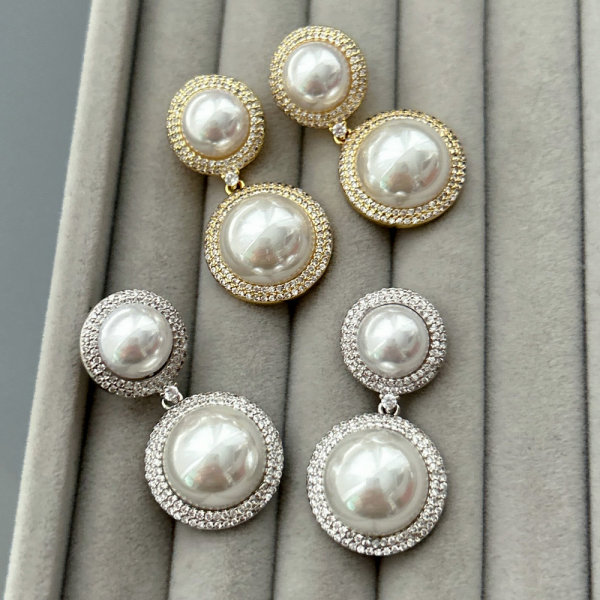 Pave round pearl drop earrings