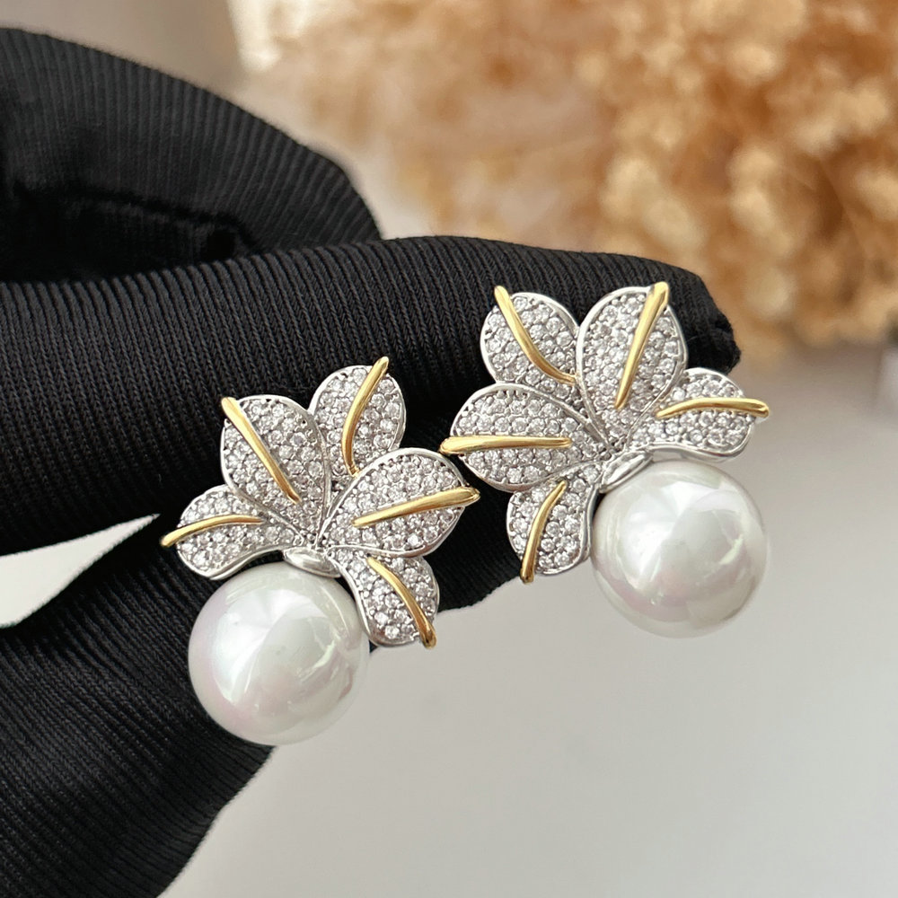 Pave flower pearl earrings
