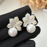 Pave flower pearl earrings