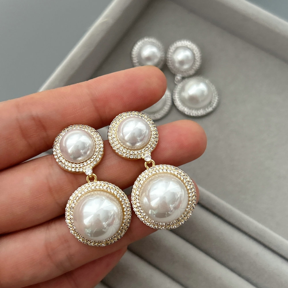 Pave round pearl drop earrings