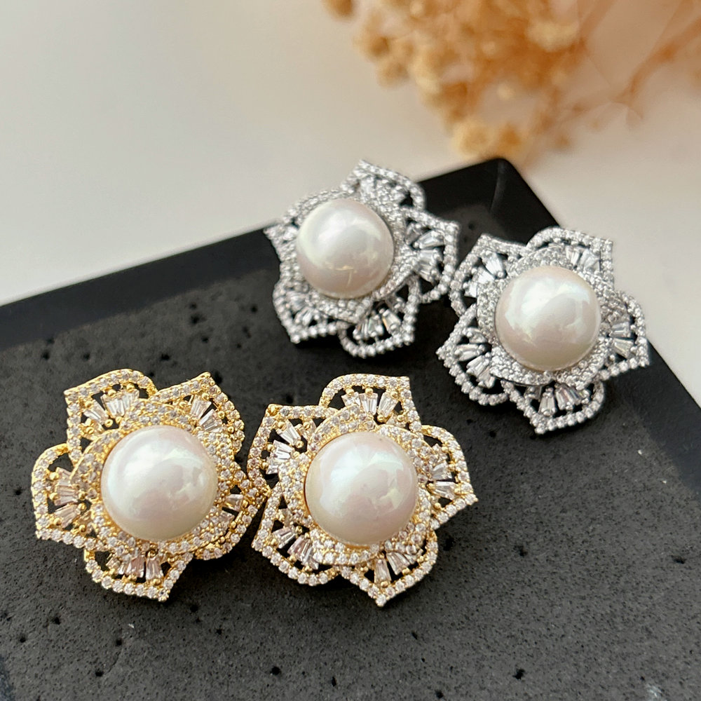 Pave flower pearl earrings
