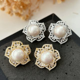 Pave flower pearl earrings