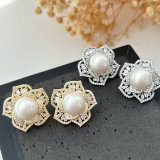 Pave flower pearl earrings