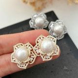 Pave flower pearl earrings