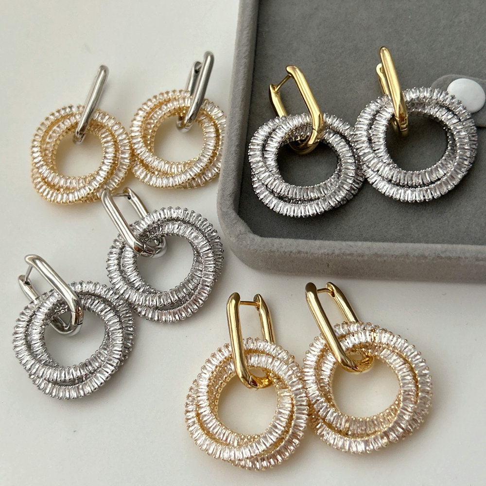 Pave circle charm earrings