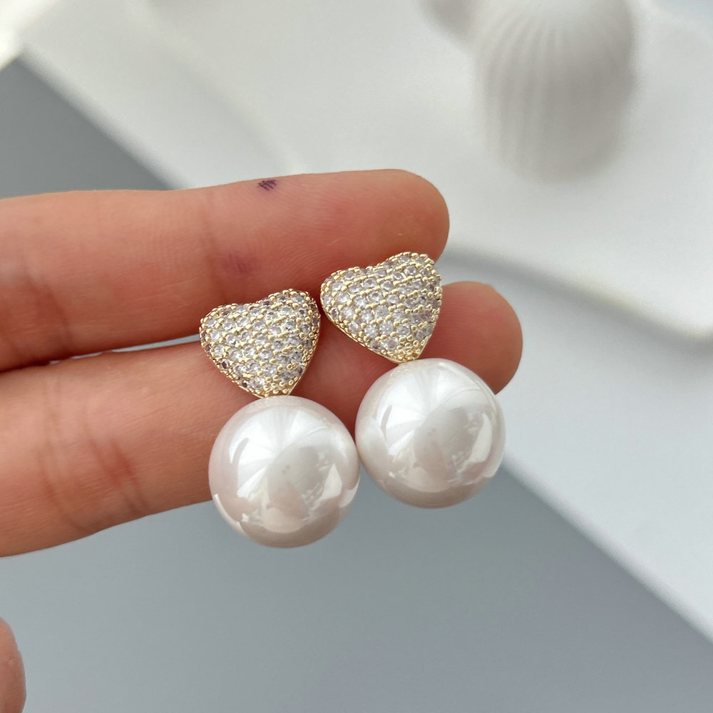 Pave heart pearl earrings