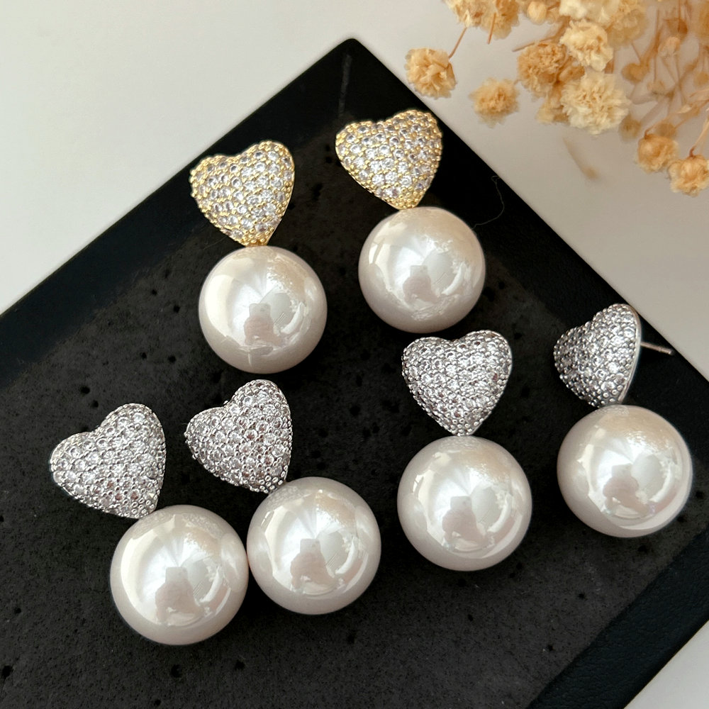 Pave heart pearl earrings