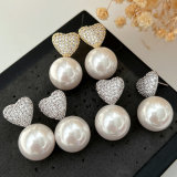 Pave heart pearl earrings