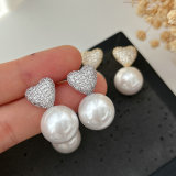 Pave heart pearl earrings