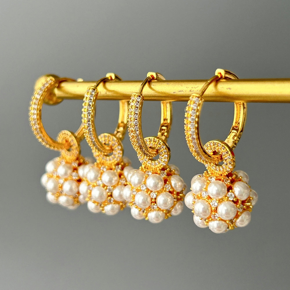 Pave pearl flower drop earrings
