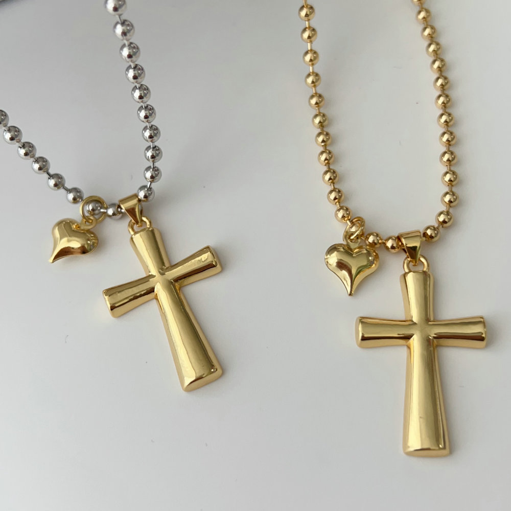 Cross pendant beaded dot chain necklace