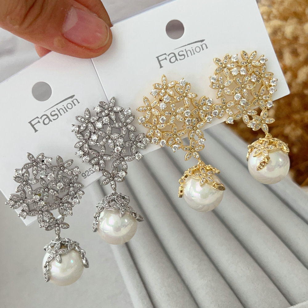 Pave flower pearl drop earrings