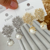 Pave flower pearl drop earrings