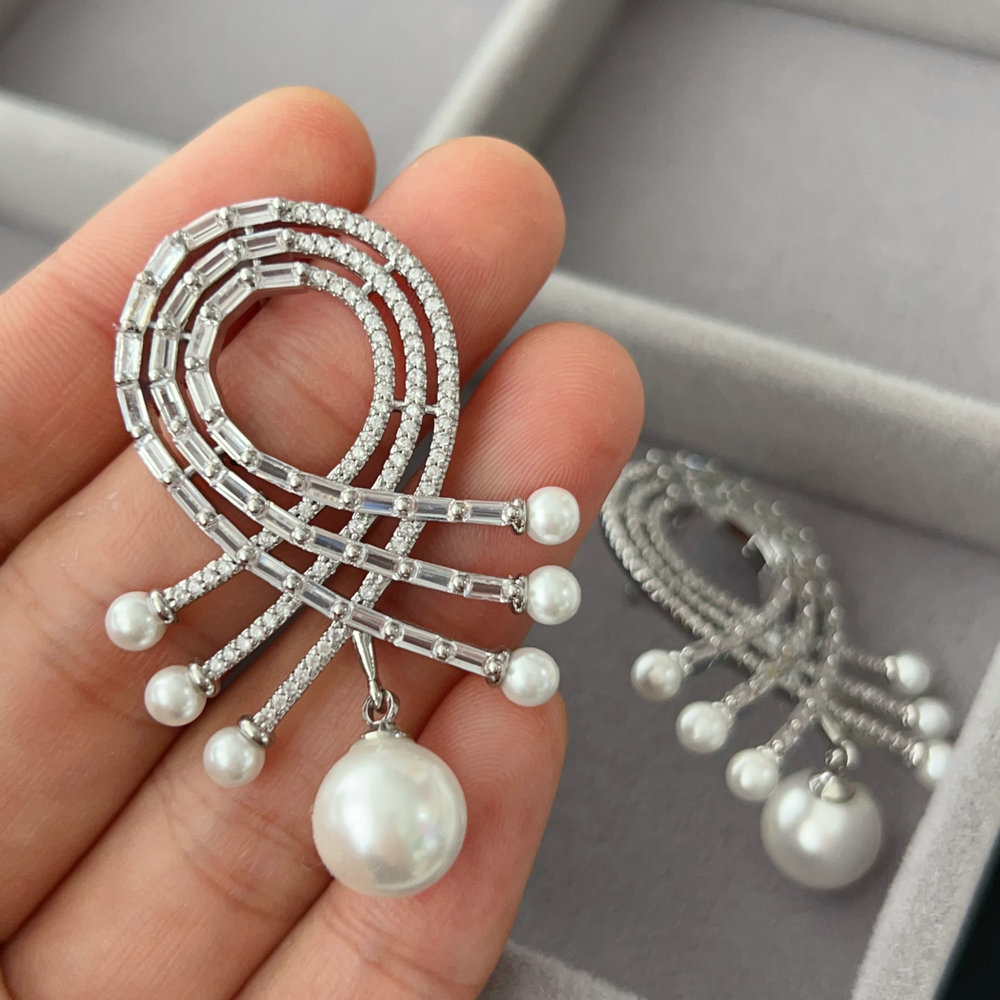 Pave zircon pearl cross earrings