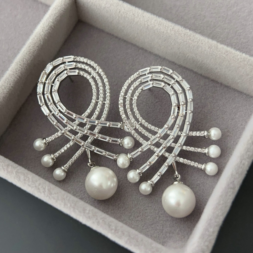 Pave zircon pearl cross earrings