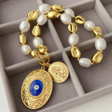 Shell pearl necklace with chunky eye pendant