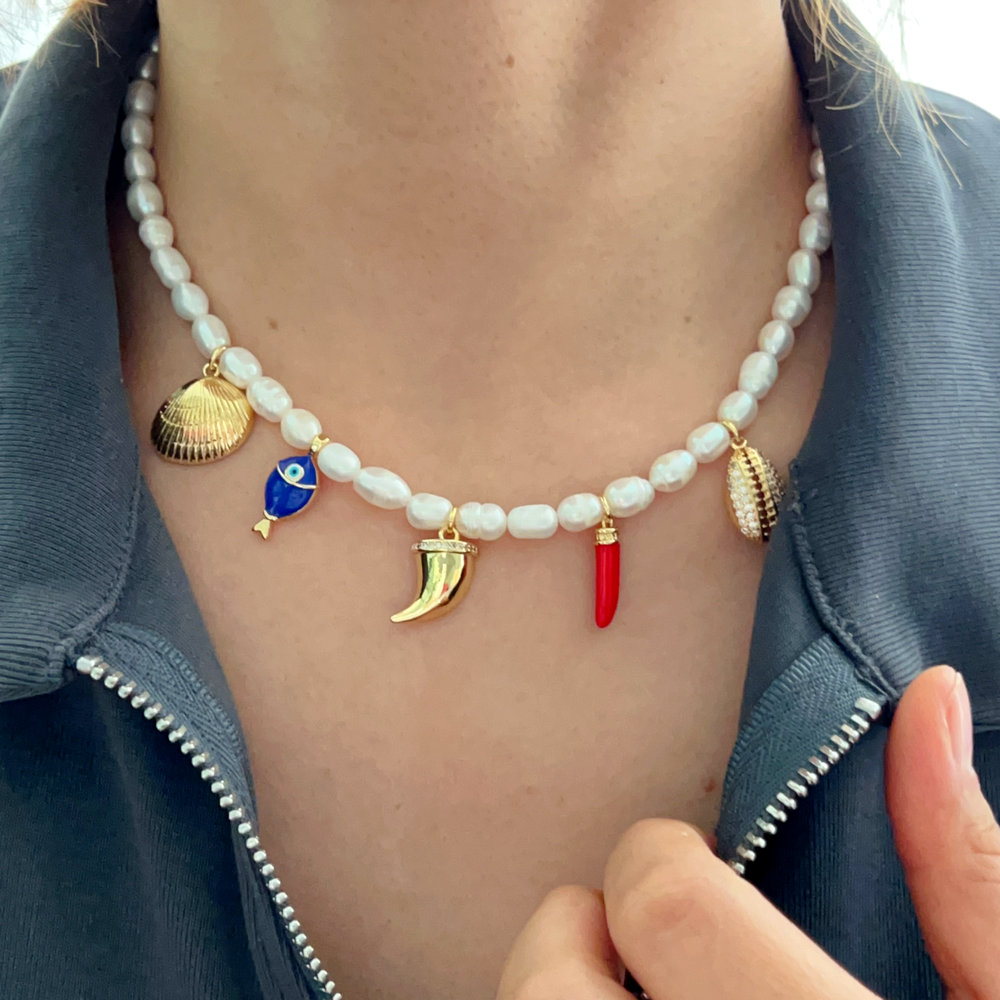 Fresh water pearl necklace with fish charm