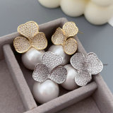 Pave flower pearl drop earrings