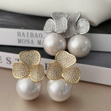 Pave flower pearl drop earrings