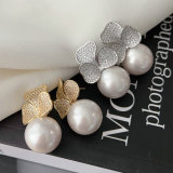 Pave flower pearl drop earrings