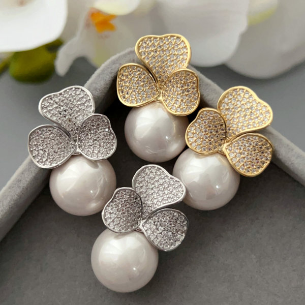Pave flower pearl drop earrings