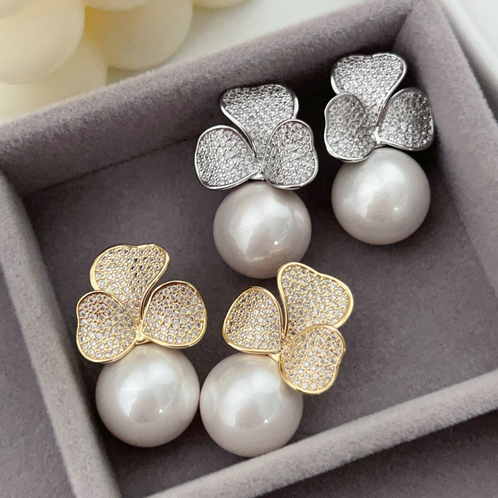 Pave flower pearl drop earrings