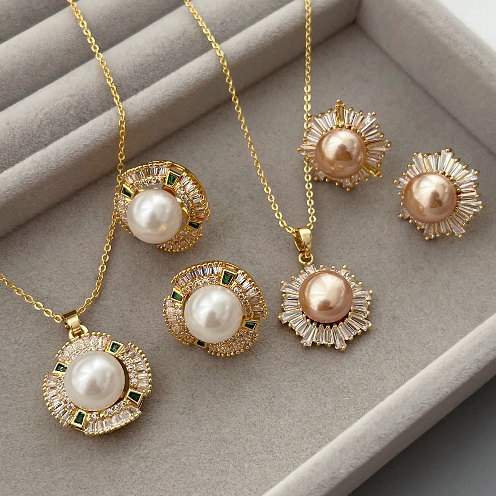 Pave zircon flower pearl set jewelry