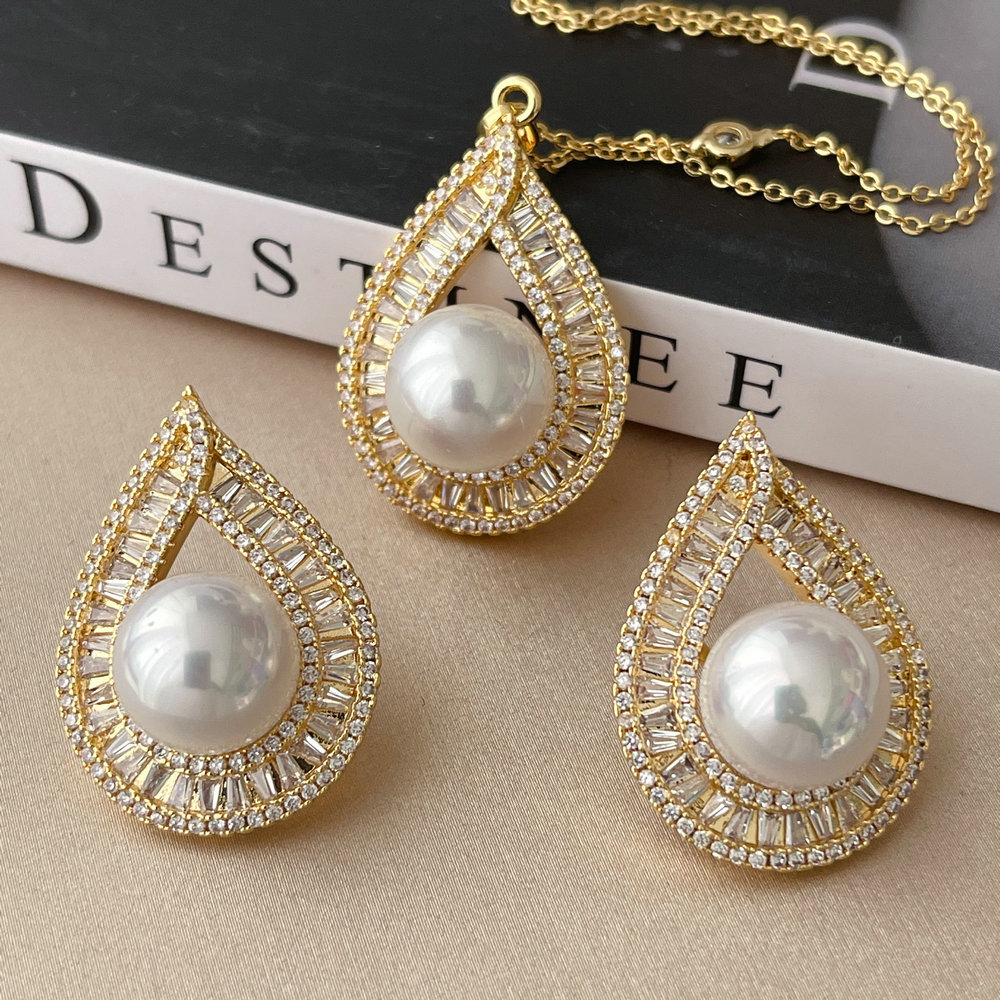 Pave water drop pearl set jewelry