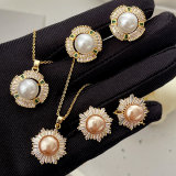 Pave zircon flower pearl set jewelry