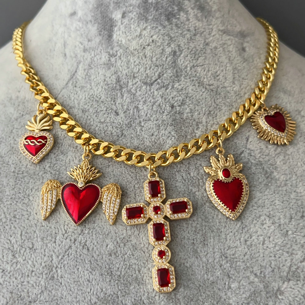 Heart charm cross cuban chain necklace
