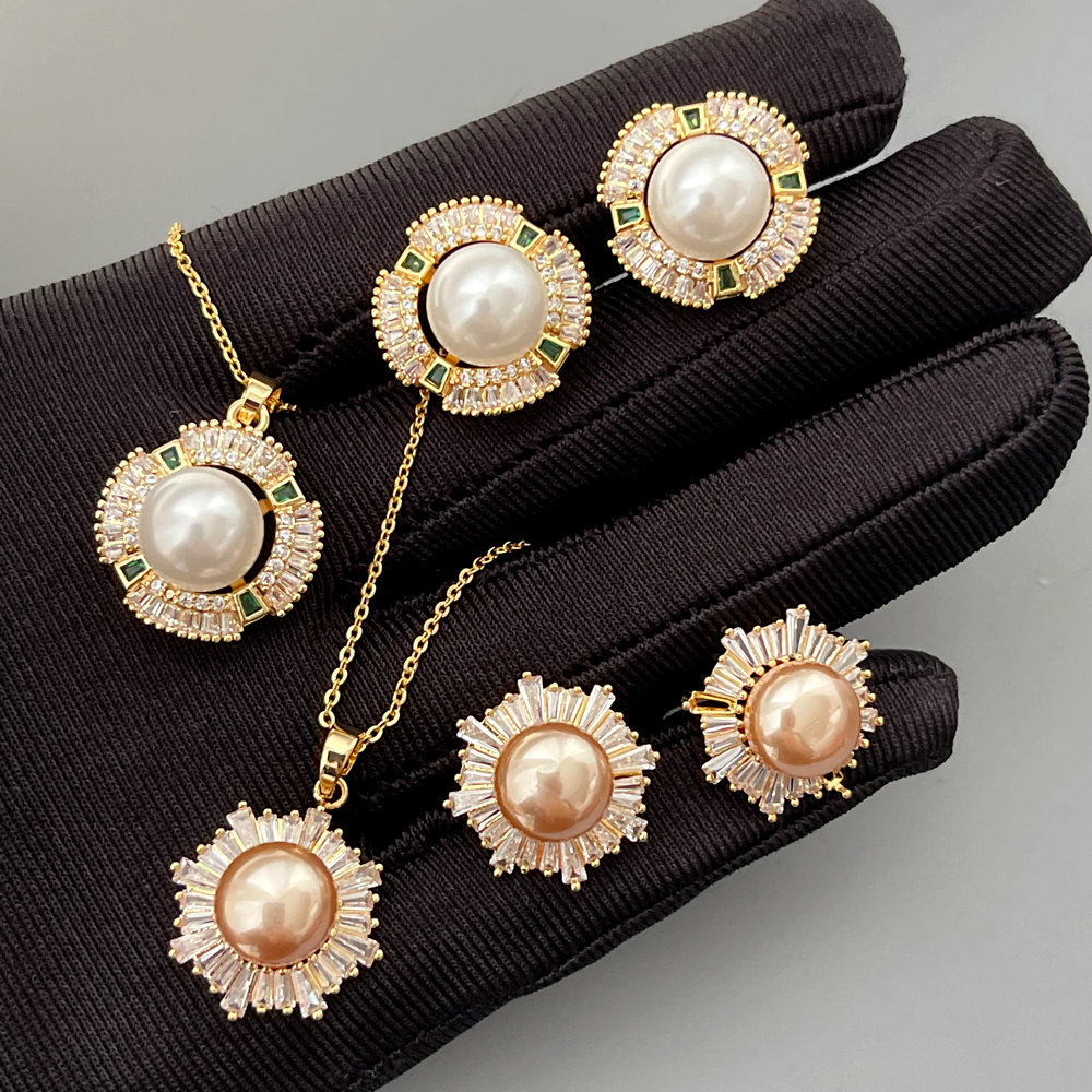Pave zircon flower pearl set jewelry