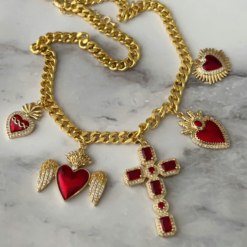 Heart charm cross cuban chain necklace