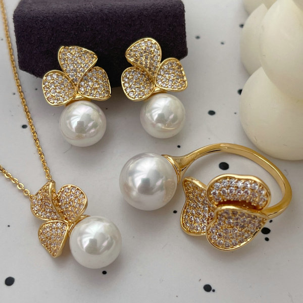 Pave zircon flower pearl set jewelry