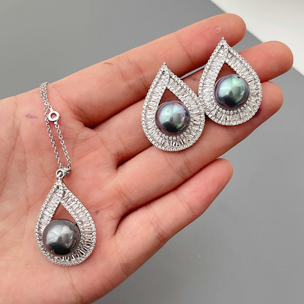 Grey pearl water drop set jewelry
