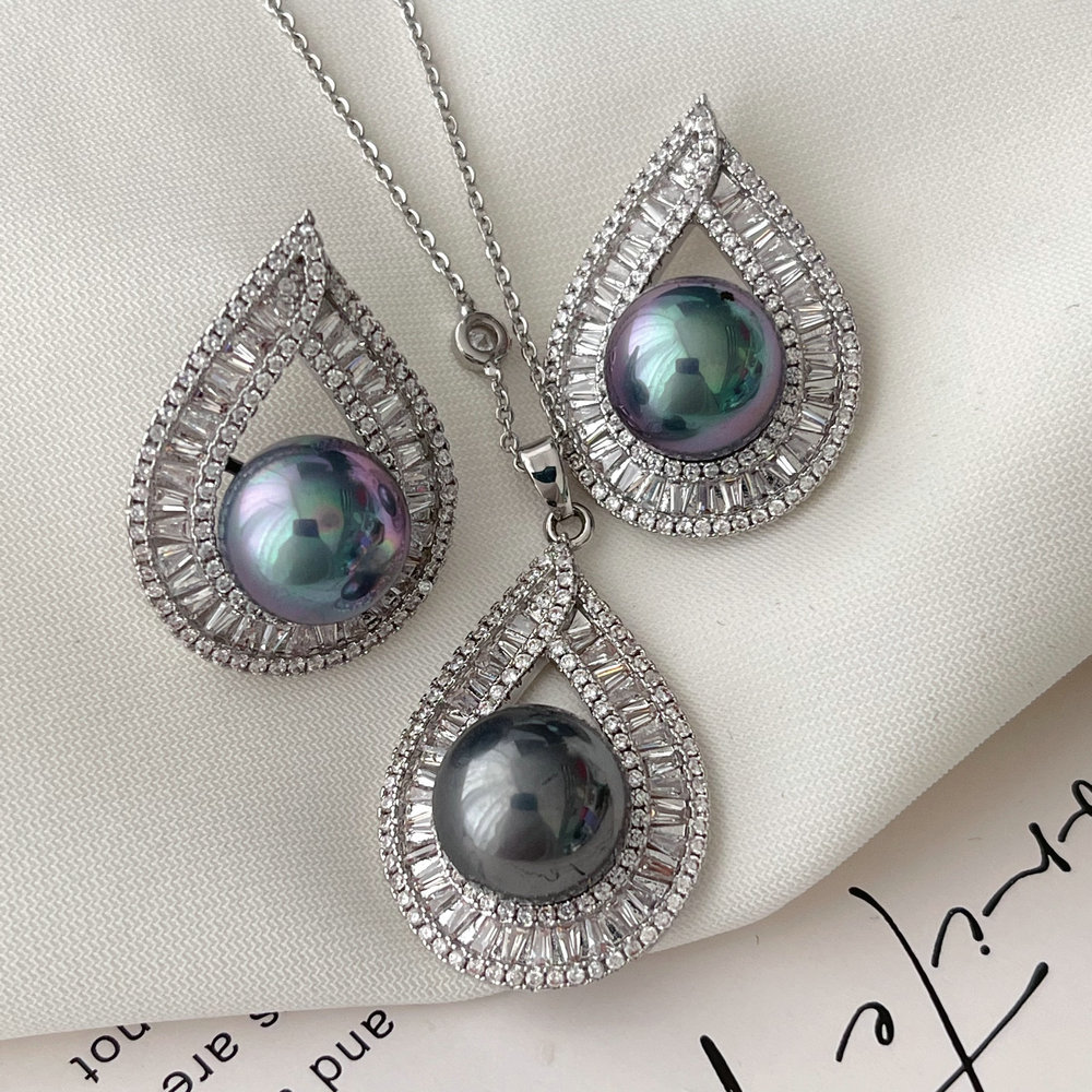 Grey pearl water drop set jewelry
