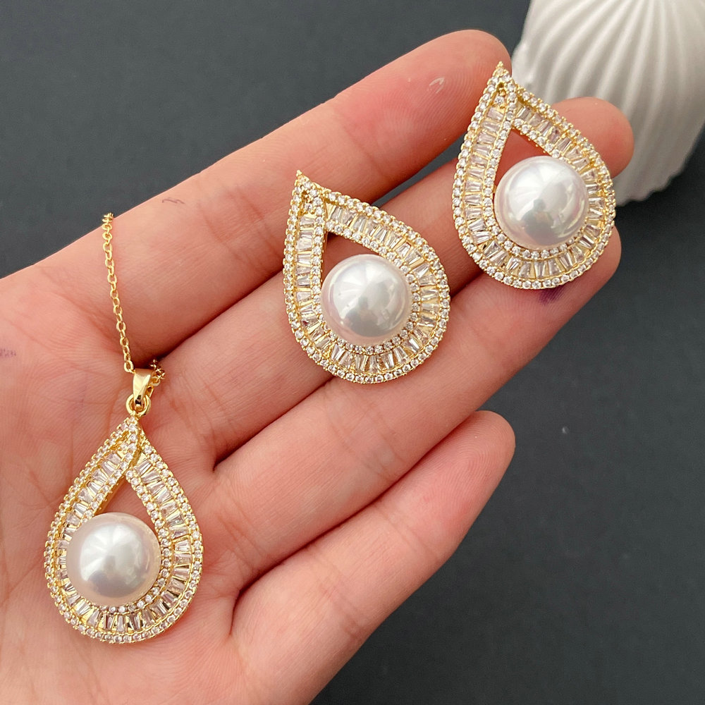 Pave water drop pearl set jewelry