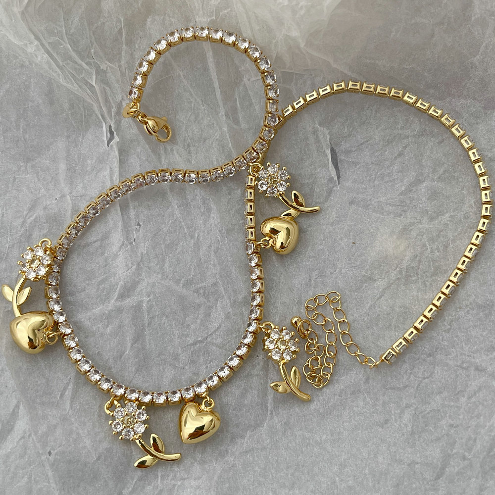 Pave flower heart charm tennis chain necklace
