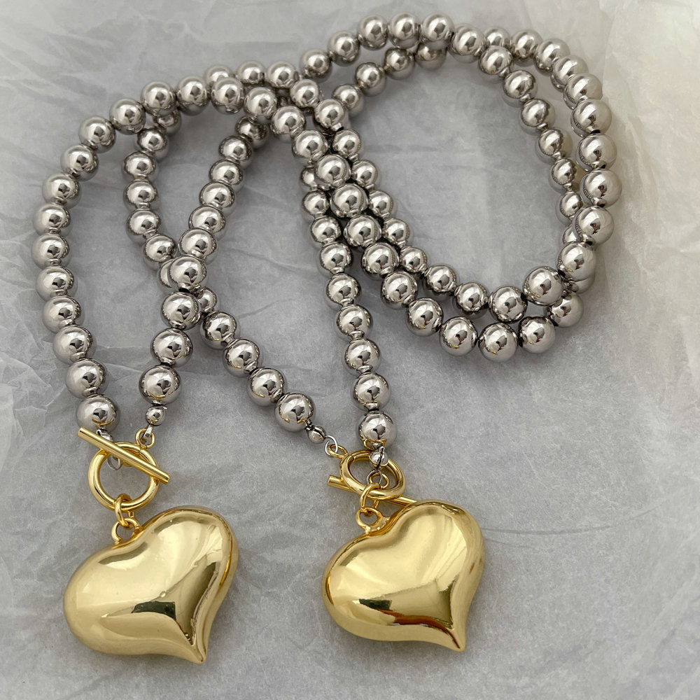 8MM silver ball necklace with heart pendant