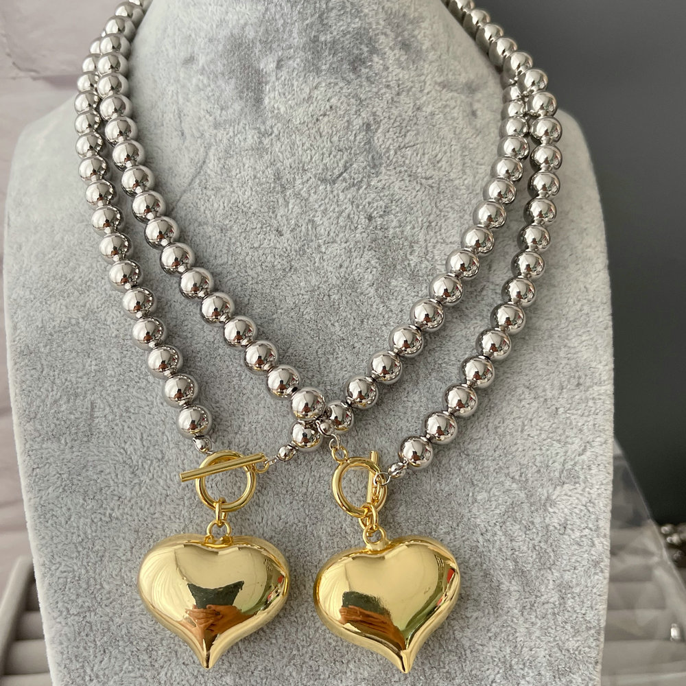 8MM silver ball necklace with heart pendant