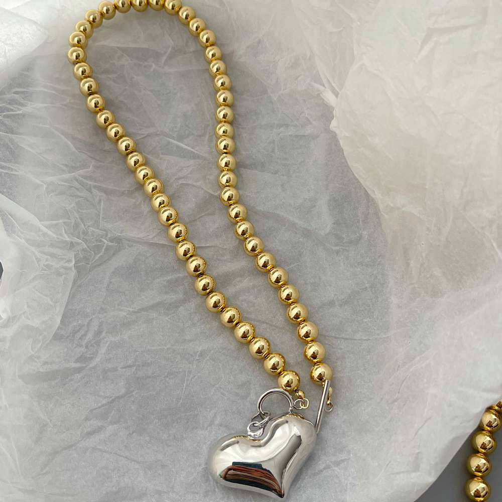 8MM gold ball necklace with heart pendant